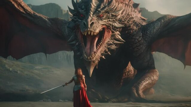 woman armor and cloak, stands confidently, her sword and shield at ready, she prepares to face massive dragon. dragon in background, its sharp teeth and powerful wings ready for battle.