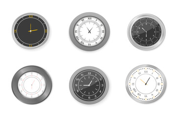 White and black office wall clock icon set. Closeup design template in vector. Mockup for branding and advertising isolated on transparent background.