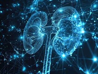 Kidney hologram. Anatomical structure of kidney organs in the form of points and lines that glow. The concept of diseases of the organs of the excretory system. Modern technologies and medicine. AI