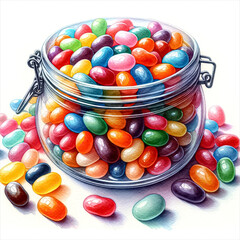 An illustration of Colorful jellybeans in a jar, rendered in watercolor style