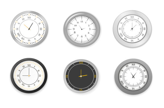 White and black office wall clock icon set. Closeup design template in vector. Mockup for branding and advertising isolated on transparent background.