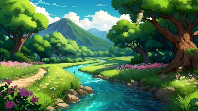 Animation A beautiful garden with a small river flowing in the center. Green trees, flowers in bloom,Butterflies dancing  Seamless looping 4k time-lapse animation video background
