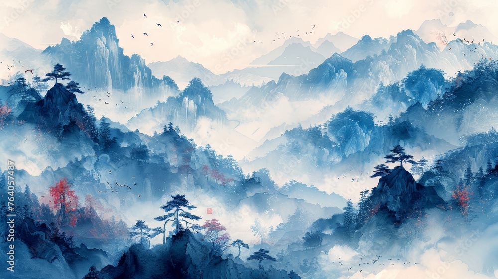 Poster the backdrop template features an abstract landscape background with a japanese wave pattern. in add