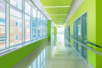 Spacious empty lobby with green walls and glass partition in modern hospital.