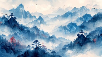 The backdrop template features an abstract landscape background with a Japanese wave pattern. In addition, there is a mountain forest banner with watercolor texture. - obrazy, fototapety, plakaty