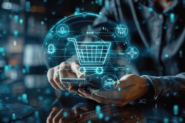 Business ecommerce concept. Person use smartphone and laptop with online shopping cart icon on virtual screen. online purchase, ecommerce store, online business, shopping on the internet