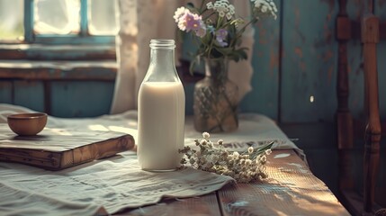 Fototapeta na wymiar Milk bottles on a wooden table.
