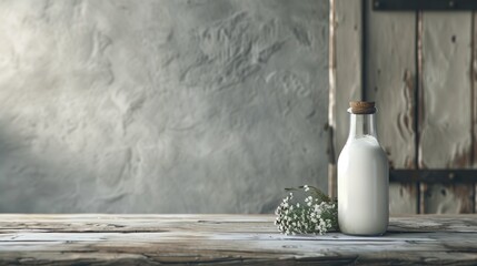Milk bottles on a wooden table.