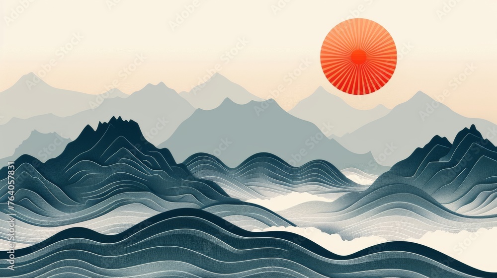 Aufkleber a landscape background with a japanese wave pattern modern. line pattern elements on a mountain temp