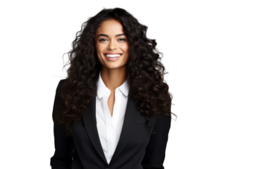 Portrait of beautiful African American Business woman wearing suit and shirt posing with smart and confidence isolated on transparent png background.