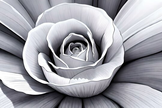 Realistic white rose petals, illustration on black background. black and white colors. ai generated