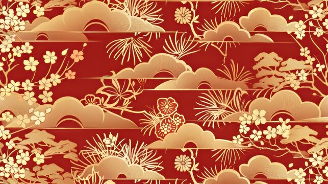 This seamless pattern modern contains cherry blossom, bush, cloud, flower, bamboo, wave, and other traditional Japanese symbols.