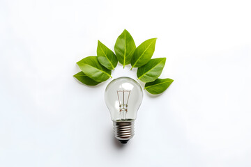 Green energy concept with a light bulb and leaves on a white background, top view
