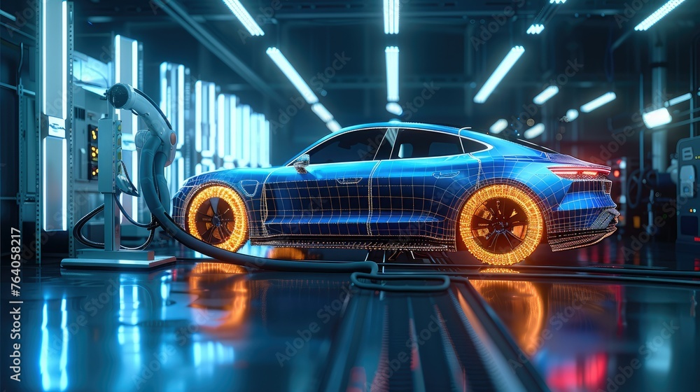 Poster Electric car next to a automotive loading robotic arm with holographic display and digital features, with glowing neon lights. Generative AI.