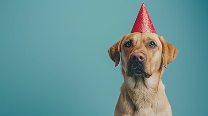 A dogs party Red hat blue background and a spot for your custom birthday greeting , high resolution