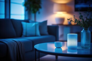 Smart home device on a coffee table in a modern living room