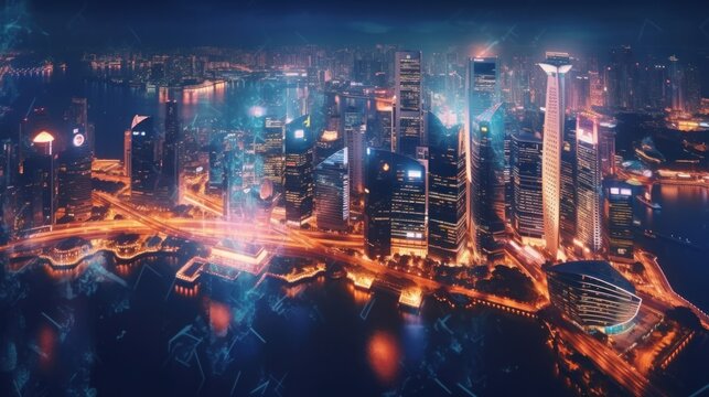 Abstract technology icons, night aerial panoramic cityscape of Singapore, Asia. The concept of innovative approach to optimize international business process.