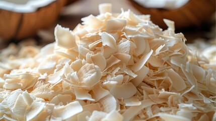 Close up photo of coconut shavings. Generative AI.