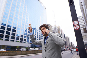 Phone call, businessman and stop taxi in city to travel, talking or communication of salesman outdoor in town. Smartphone, transport and professional hailing a cab or commute on street for trip