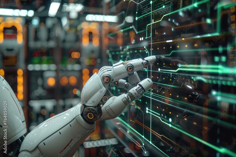 Poster close up of robot hand pointing a financial transparent graph screen. generative ai.