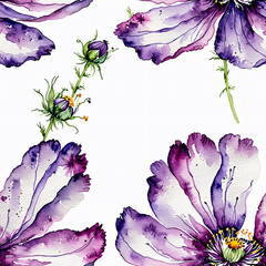 A vibrant and detailed watercolor painting of a purple poppy flower in full bloom, surrounded by buds and greenery, perfect for art enthusiasts, floral designs, and nature-inspired themes.