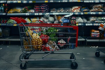 Grocery Shopping Essentials: Packed Cart in Supermarket Aisle
