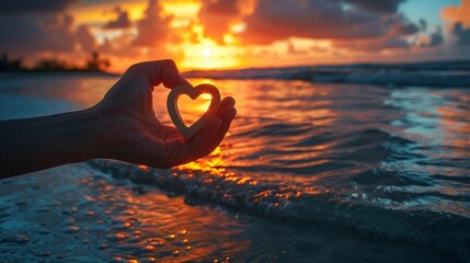 A romantic beach sunset with a heartshaped hand silhouette conveying loves warmth and tenderness , high resolution - obrazy, fototapety, plakaty