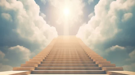 Fotobehang stairs to the sky, light beam effect and cloudy background AI generated © SULAIMAN