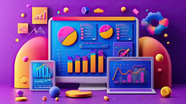 Digital marketing concept with online elements, charts, and a focus on promotional strategies


