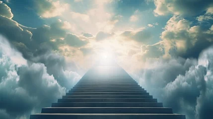 Poster stairs to the sky, light beam effect and cloudy background AI generated © SULAIMAN