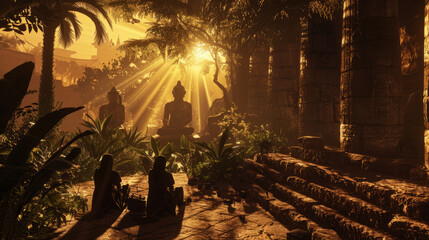 Breathtaking scene of sunrays peering through the pillars of an Egyptian temple filled with statues