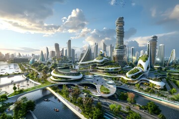 Fototapeta na wymiar Smart Urban Planning Vision, Green Buildings in Futuristic City
