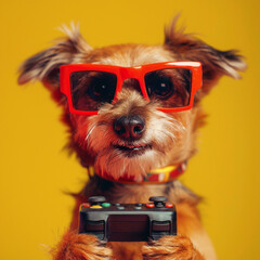 A dog with cute glasses holding a video game, in the style of detailed costumes, yellow and red