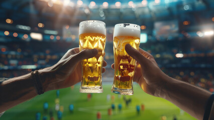 Toasting Beer Glasses at a Soccer Stadium