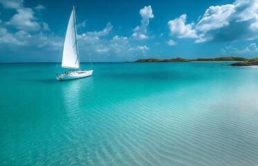 Fototapeta premium a sailboat is sailing in the blue water of a lagoon with a mountain in the background and clouds in the sky