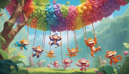 A troop of giggling, fuzzy monkeys swinging from rainbow vines in a candy-coated jungle.