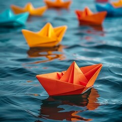 An array of paper boats with one leading in a different direction, symbolizing leadership and the courage to chart a new course , vibrant