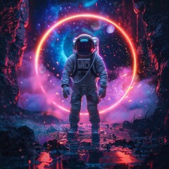 Fototapeta na wymiar astronaut in a suit observing a neon portal in space in high resolution and high quality. CONCEPT astronaut,portal,neon,space