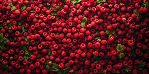 A pile of raspberries wide view image. Generative AI.