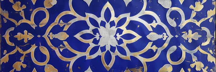 Intricate Stencil Background Pattern of an Arabesque Tile in Royal Blue and Gold created with Generative AI Technology