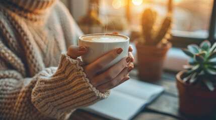 Close-up hands woman wearing sweater suit holding one coffee cup on working desk with sunlight...