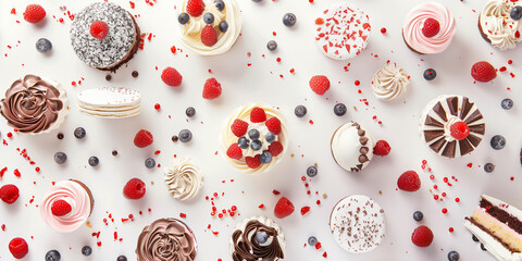 Top view of cakes on white background. Wide view Generative AI image.