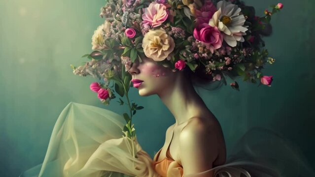 beautiful woman with her head covered with flowers