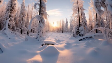 A wide angle shot of the trees in the snowdrifts that are covered in frost. enchanted winter forest Natural setting with a lovely sky. - obrazy, fototapety, plakaty