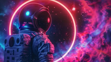 astronaut in a suit observing a neon portal in space in high resolution and high quality. CONCEPT astronaut,portal,neon,space,galaxies,man,planet