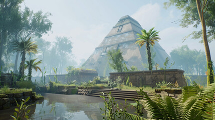 An ancient Mayan pyramid stands tall among a dense, misty jungle, with a moat-like body of water surrounding its base, evoking a sense of historical discovery