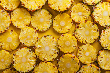 Top view circular sliced pineapples. Juicy. tropical fruit background. Generative AI.