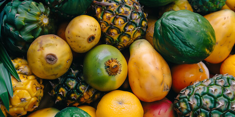 A pile of various tropical fruits wide view image. Generative AI.