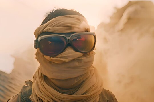 person in goggles and scarf facing a looming sandstorm