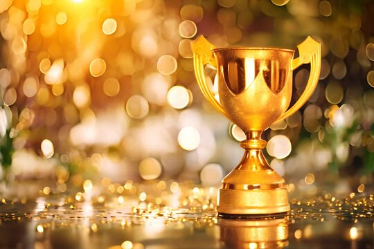 glistening golden trophy cup reflected on a shiny surface
